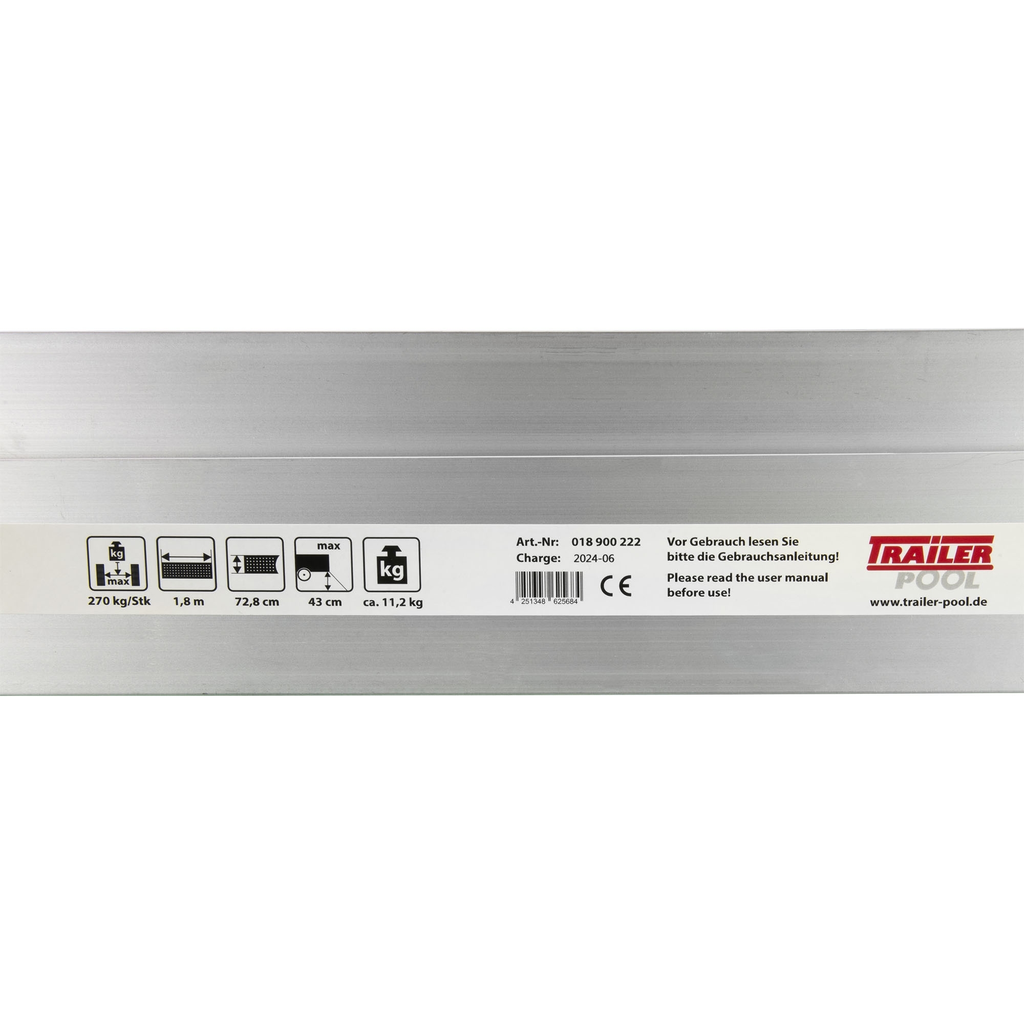 Rampe de chargement longitudinale pliable, aluminium, L 1800mm, 270 kg